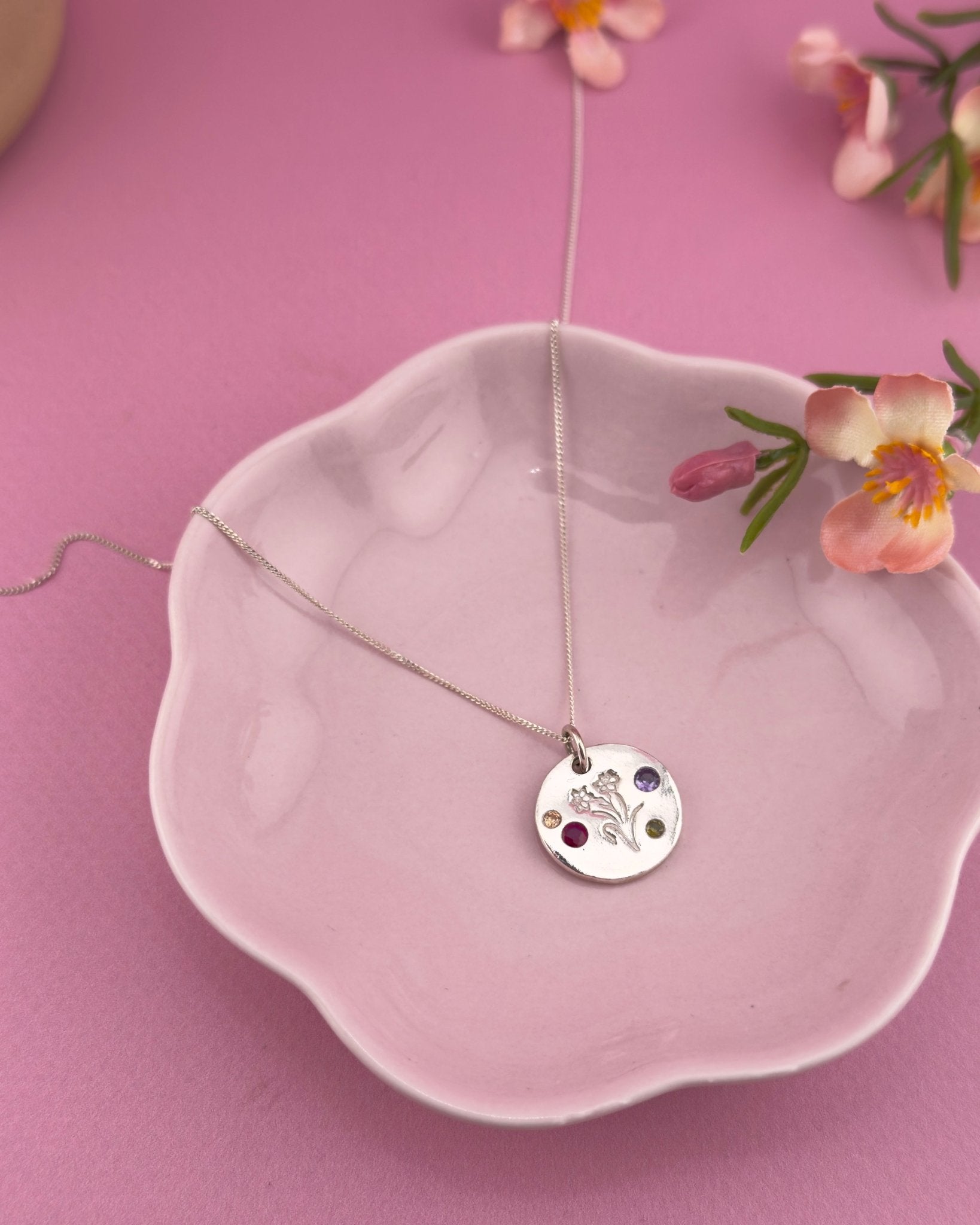 Personalised Welsh Daffodil Necklace - Solid Fine Silver With Cubic Zirconia - Arianwen Jewellery