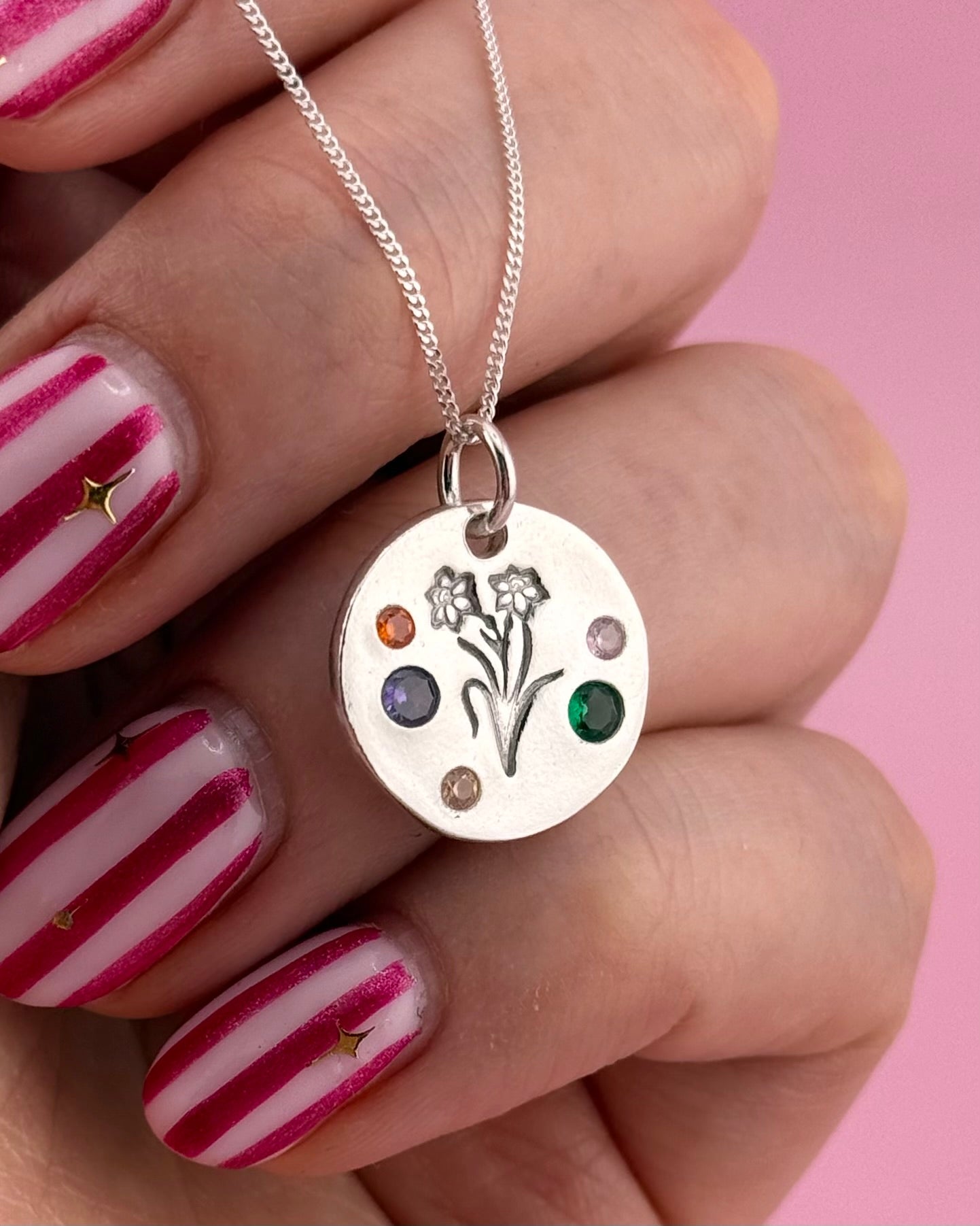 Personalised Welsh Daffodil Necklace - Solid Fine Silver With Cubic Zirconia - Arianwen Jewellery